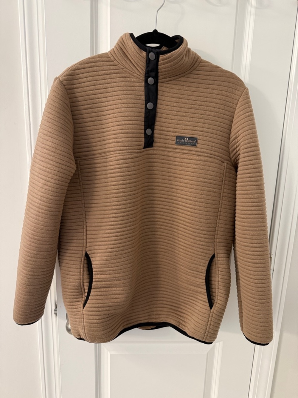 Simply Southern Men's Ribbed Tan Snap-Up Sweater with Black Trim